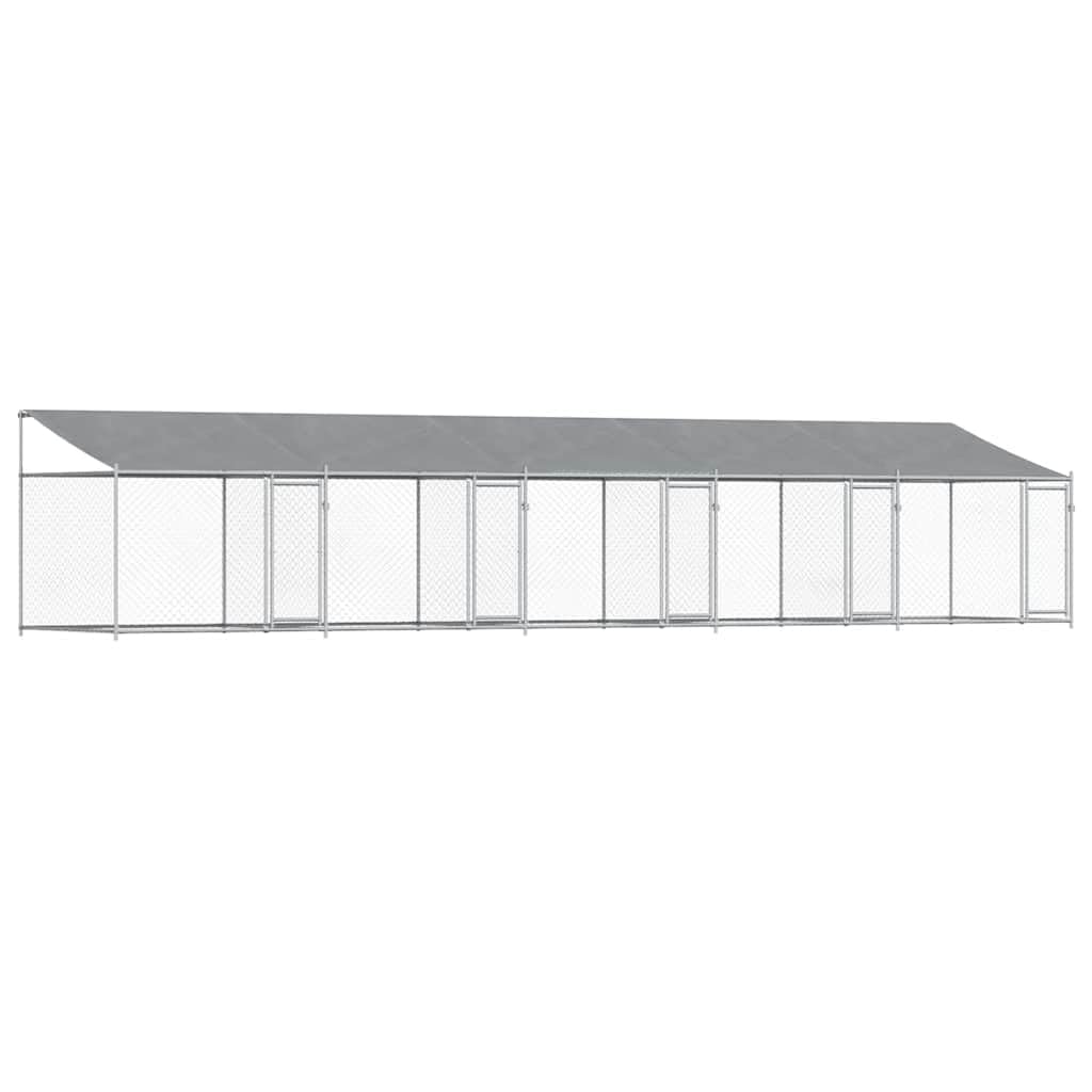 Grey Galvanized Steel Dog Cage 32.8x6.6x6.6 ft Durable Outdoor Enclosure with Roof and Lockable Doors for Secure Pet Play Area Weatherproof and Easy Maintenance