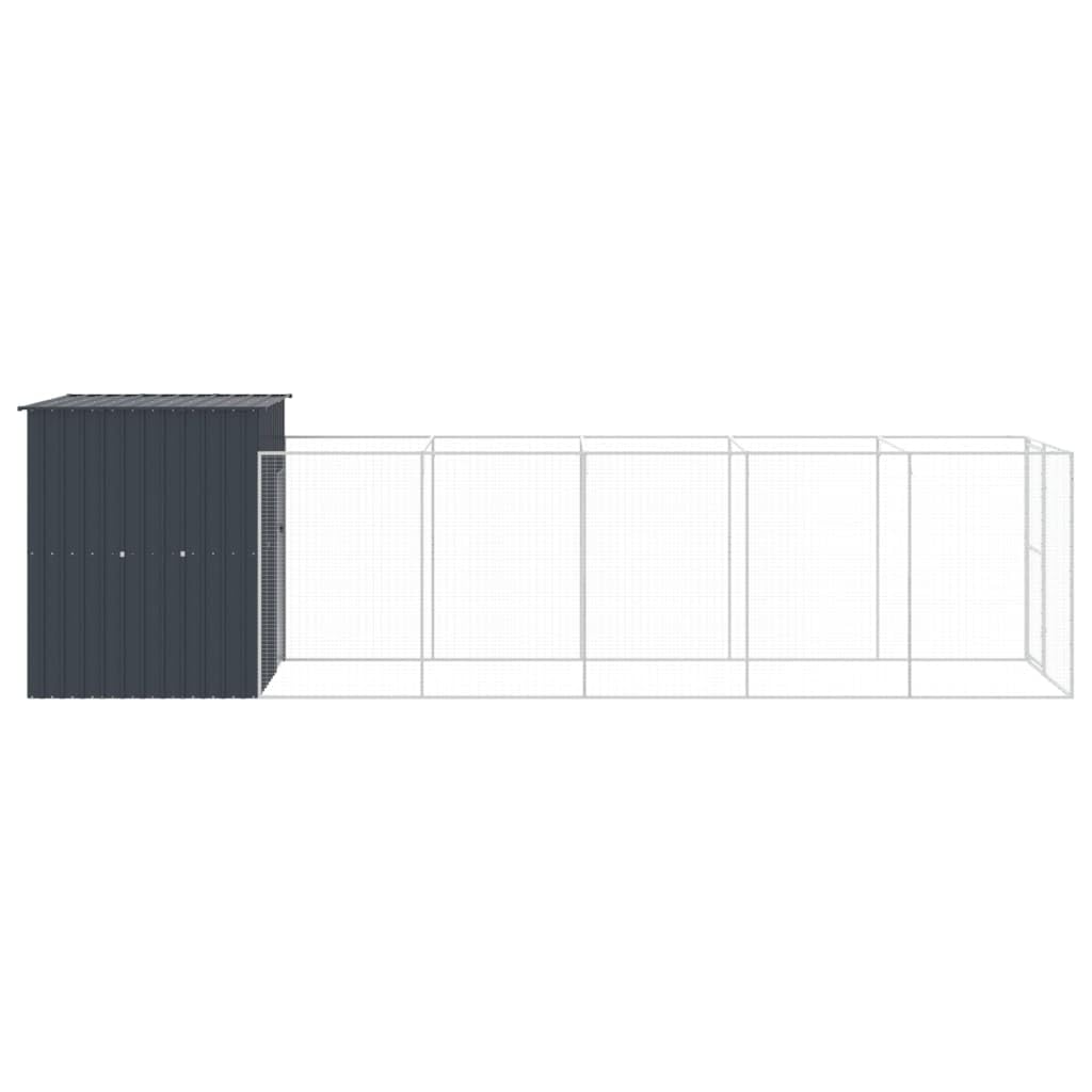 Large Durable Galvanized Steel Dog House with Extended Run, Anthracite Weatherproof Outdoor Pet Shelter for Medium Breeds, Secure Lockable Design with Mesh Airflow