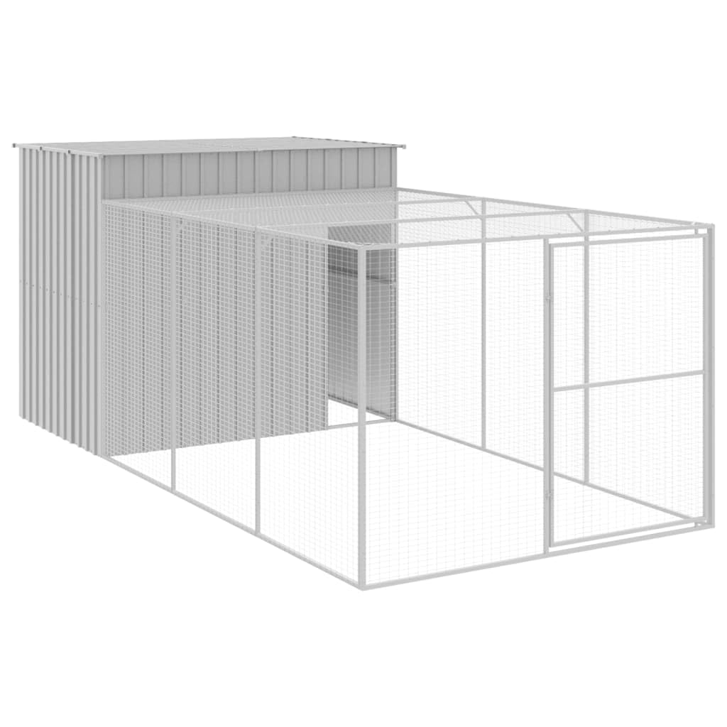 Light Grey Galvanized Steel Dog House with Extended Run 84.3 x 180.1 x 71.3 in Large Outdoor Shelter Weatherproof Durable Structure Mesh Design for Airflow Easy Care