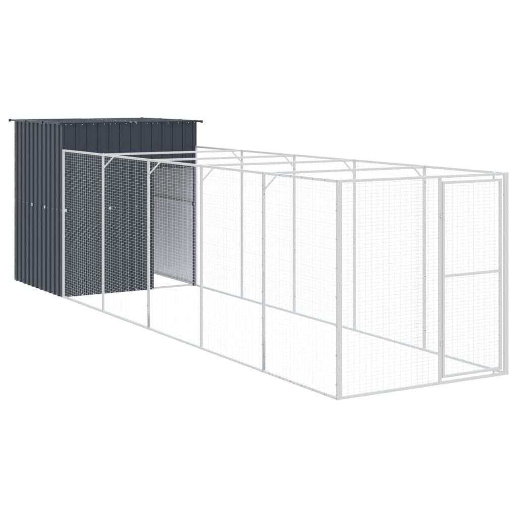 Large Durable Galvanized Steel Dog House with Extended Run, Anthracite Weatherproof Outdoor Pet Shelter for Medium Breeds, Secure Lockable Design with Mesh Airflow