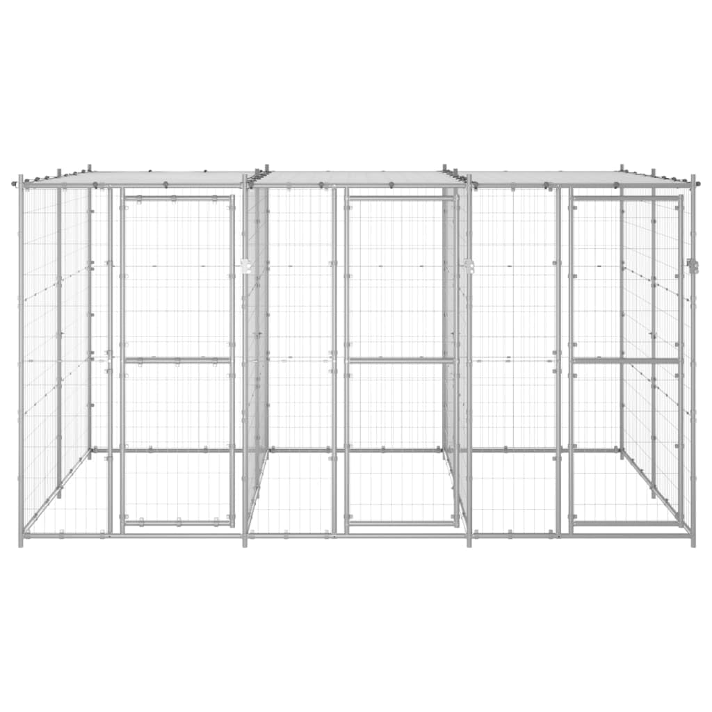 Silver Galvanized Steel Outdoor Dog Kennel 86.6 x 129.9 x 70.9 in 78.1 sqft Playpen for Large Dogs Weather-Resistant Enclosure with Roof and Doors for Garden and Backyard