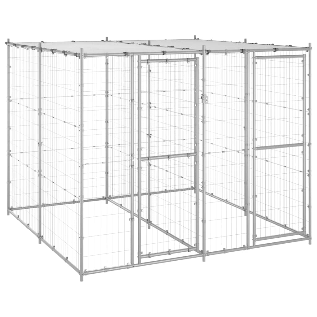 Silver Galvanized Steel Outdoor Dog Kennel 86.6 x 129.9 x 70.9 in 78.1 sqft Playpen for Large Dogs Weather-Resistant Enclosure with Roof and Doors for Garden and Backyard