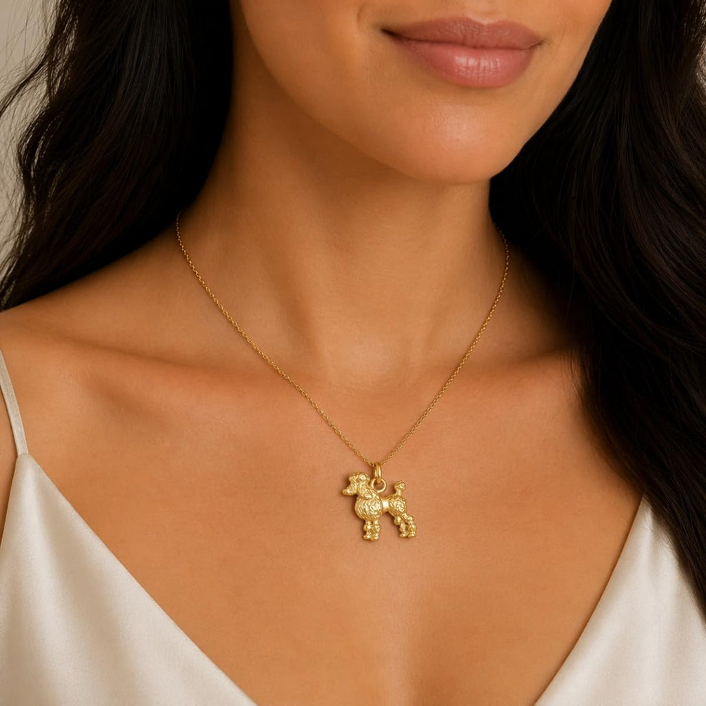 14K Yellow Gold Solid 3D Poodle Dog Charm Pendant - 16mm x 13mm Detailed Polished Animal Charm with 22" inch .9mm Curb Chain
