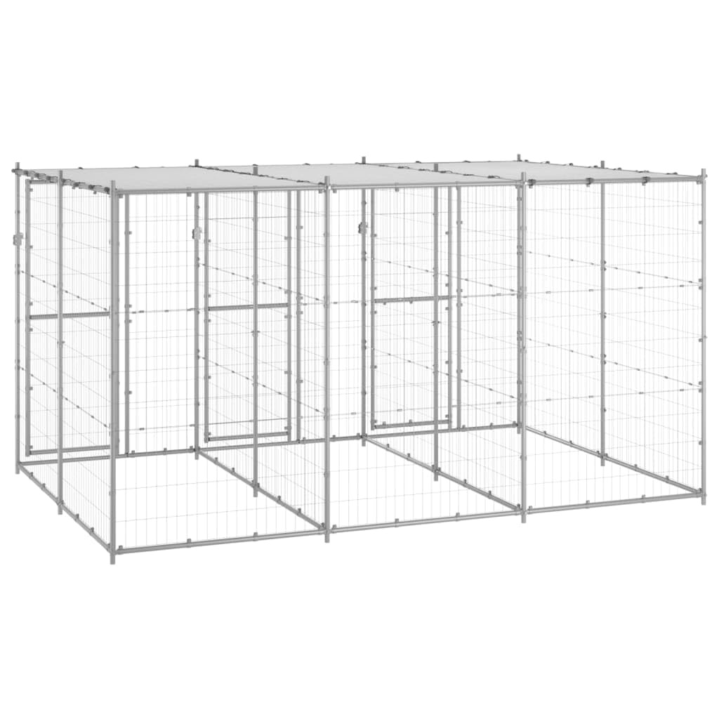 Silver Galvanized Steel Outdoor Dog Kennel 86.6 x 129.9 x 70.9 in 78.1 sqft Playpen for Large Dogs Weather-Resistant Enclosure with Roof and Doors for Garden and Backyard