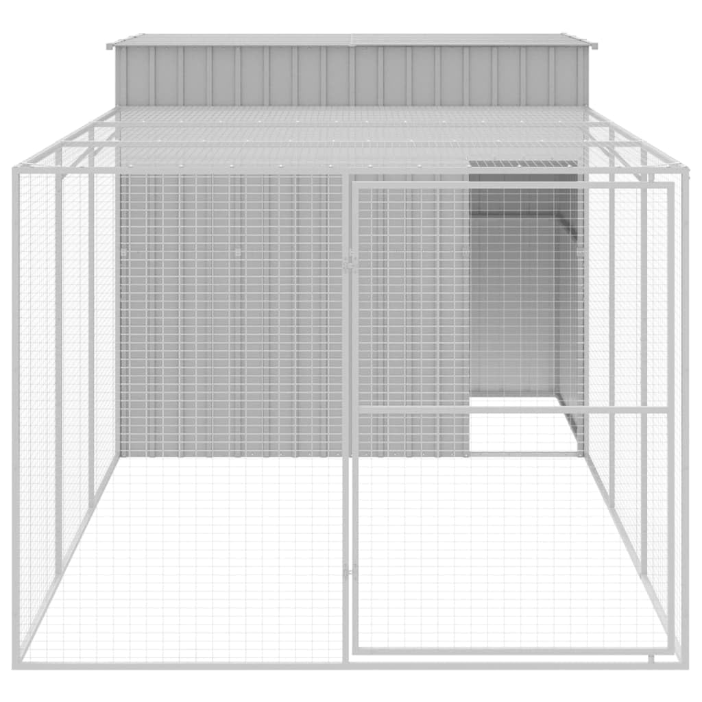 Light Grey Galvanized Steel Dog House with Extended Run 84.3 x 180.1 x 71.3 in Large Outdoor Shelter Weatherproof Durable Structure Mesh Design for Airflow Easy Care