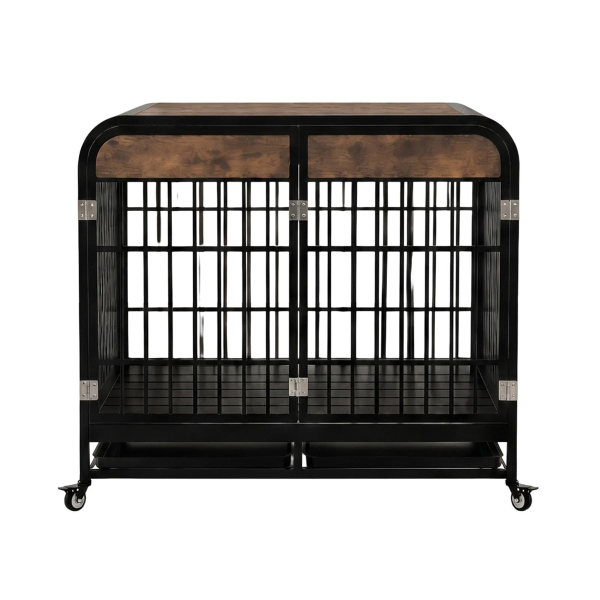 Heavy Duty Dog Crate Furniture for Large and Medium Dogs, Brown Wooden Indoor Dog Kennel with Wheels & Double-Doors, Decorative Dog Kennel End Table