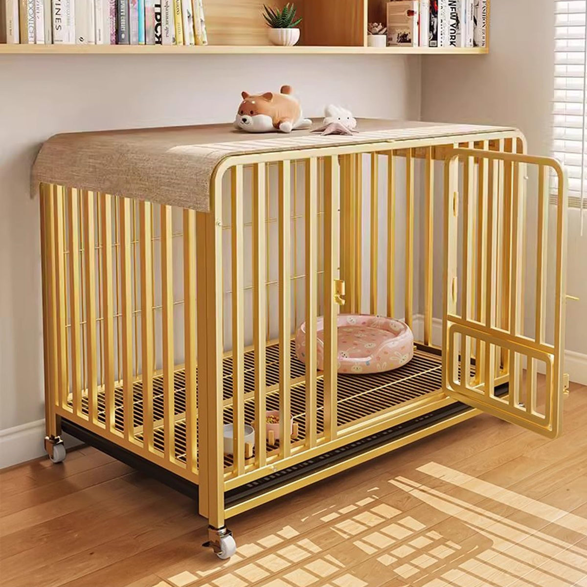 Heavy Du Gold Dog Crate with Removable Tray & Lockable Wheels - Indoor Kennel for Small/Mum/Lar Dogs - Double Door Ca (37.4 x 25.6 x 33.5in)