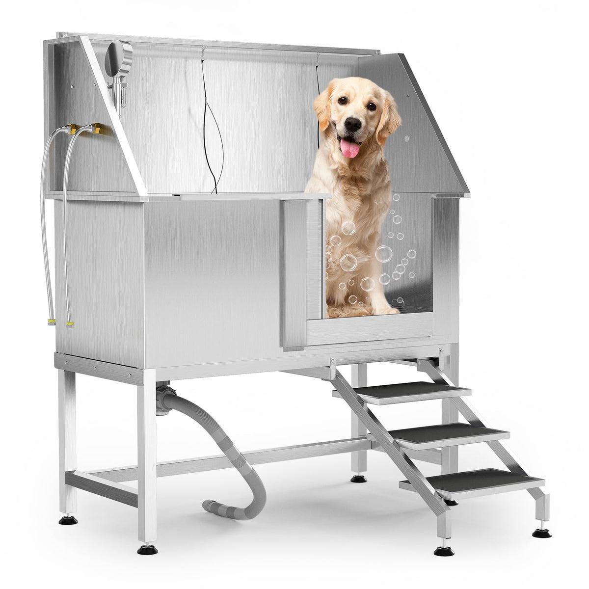 50" Stainless Steel Dog Wash Tub with Right-Side Ramps & Floor Grate,Professional Pet Grooming Station for Large, Medium, Small Dogs