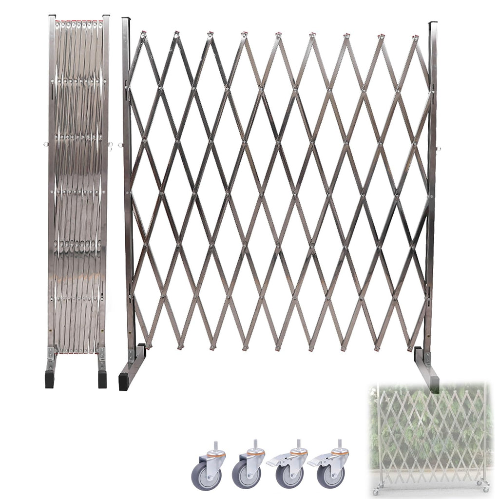 Expandable Stainless Steel Mobile Security Gate on Wheels - 350x120cm Flexible Folding Barrier for Garage, Airport, Road - Industrial Safety Solution