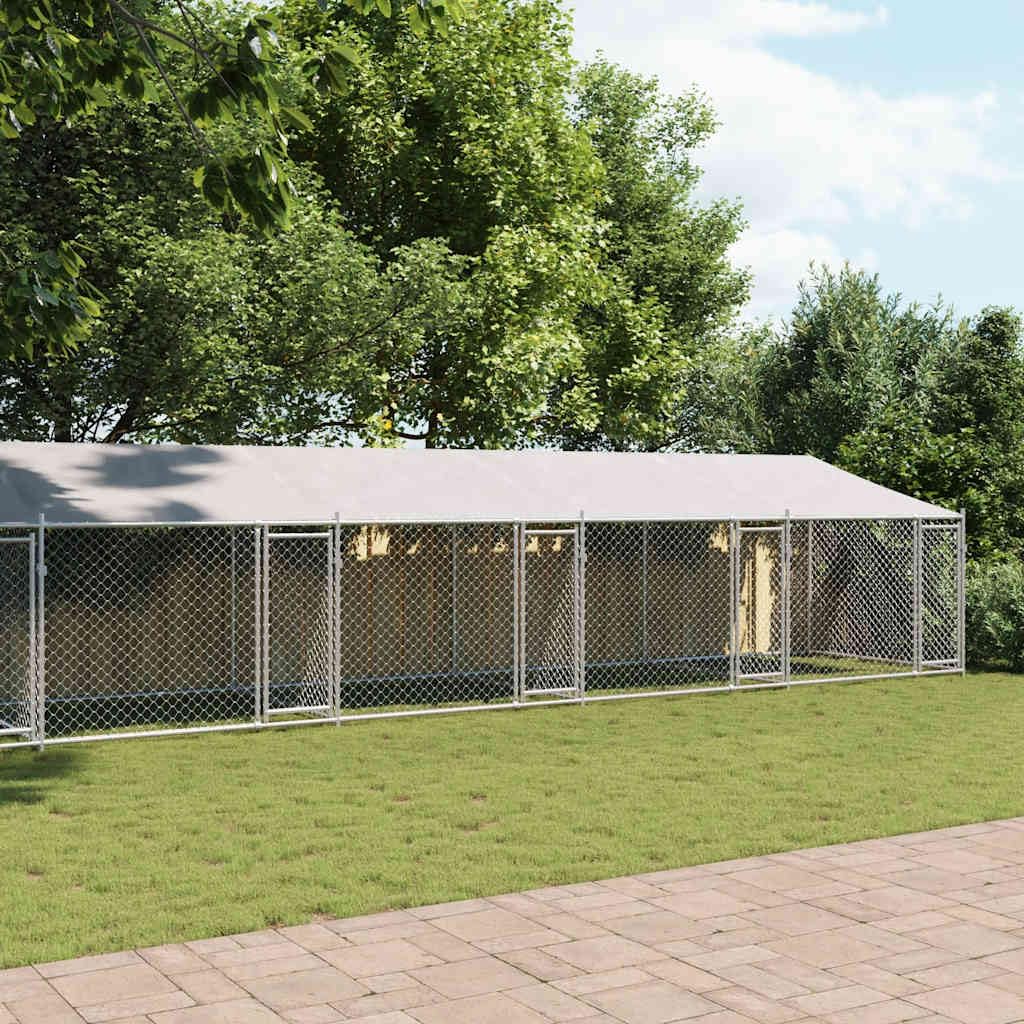 Grey Galvanized Steel Dog Cage 32.8x6.6x6.6 ft Durable Outdoor Enclosure with Roof and Lockable Doors for Secure Pet Play Area Weatherproof and Easy Maintenance
