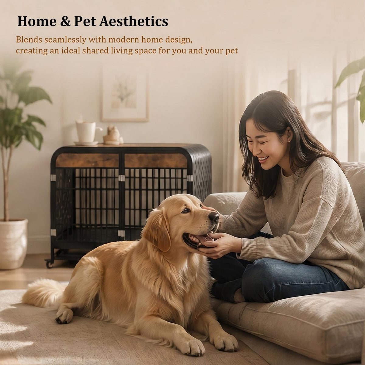 Heavy Duty Dog Crate Furniture for Large and Medium Dogs, Brown Wooden Indoor Dog Kennel with Wheels & Double-Doors, Decorative Dog Kennel End Table