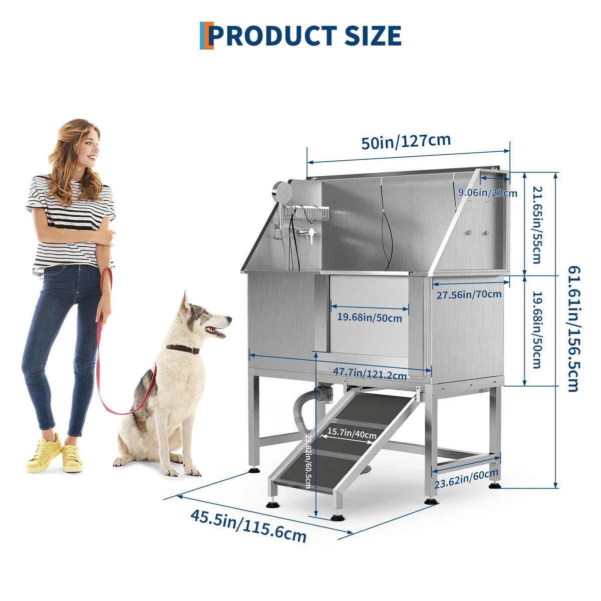 50" Stainless Steel Dog Wash Tub with Right-Side Ramps & Floor Grate,Professional Pet Grooming Station for Large, Medium, Small Dogs