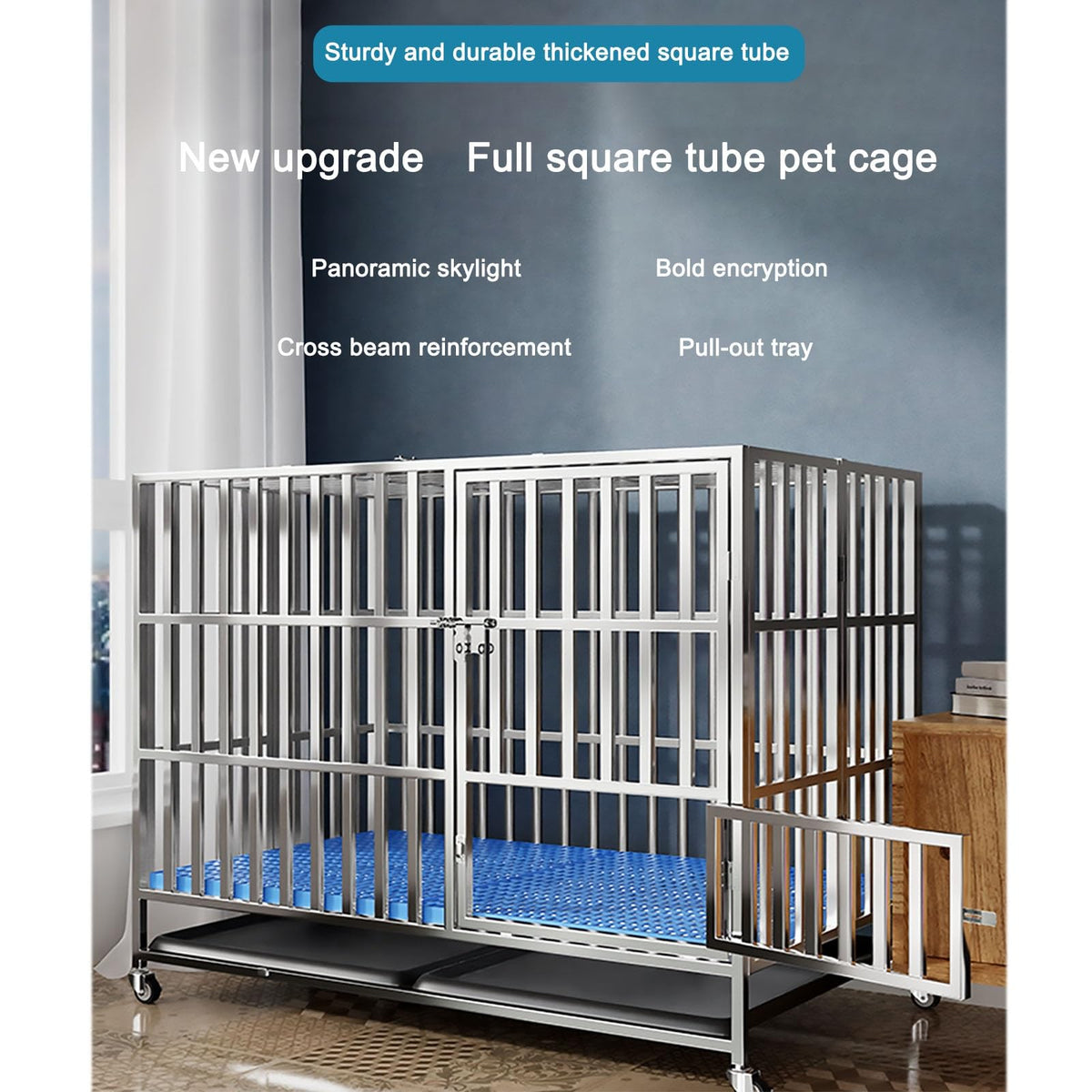 Large Dog Crate Furniture, Dog Kennel Indoor, Heavy-Duty Dog Crate, Foldable with Removable Tray and Swivel Silent Wheels Warm as Ever(One Color 94x65x81cm)