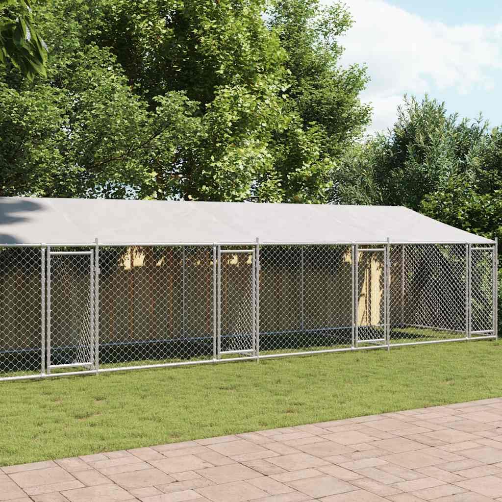 Grey Galvanized Steel Dog Cage 32.8x6.6x6.6 ft Durable Outdoor Enclosure with Roof and Lockable Doors for Secure Pet Play Area Weatherproof and Easy Maintenance