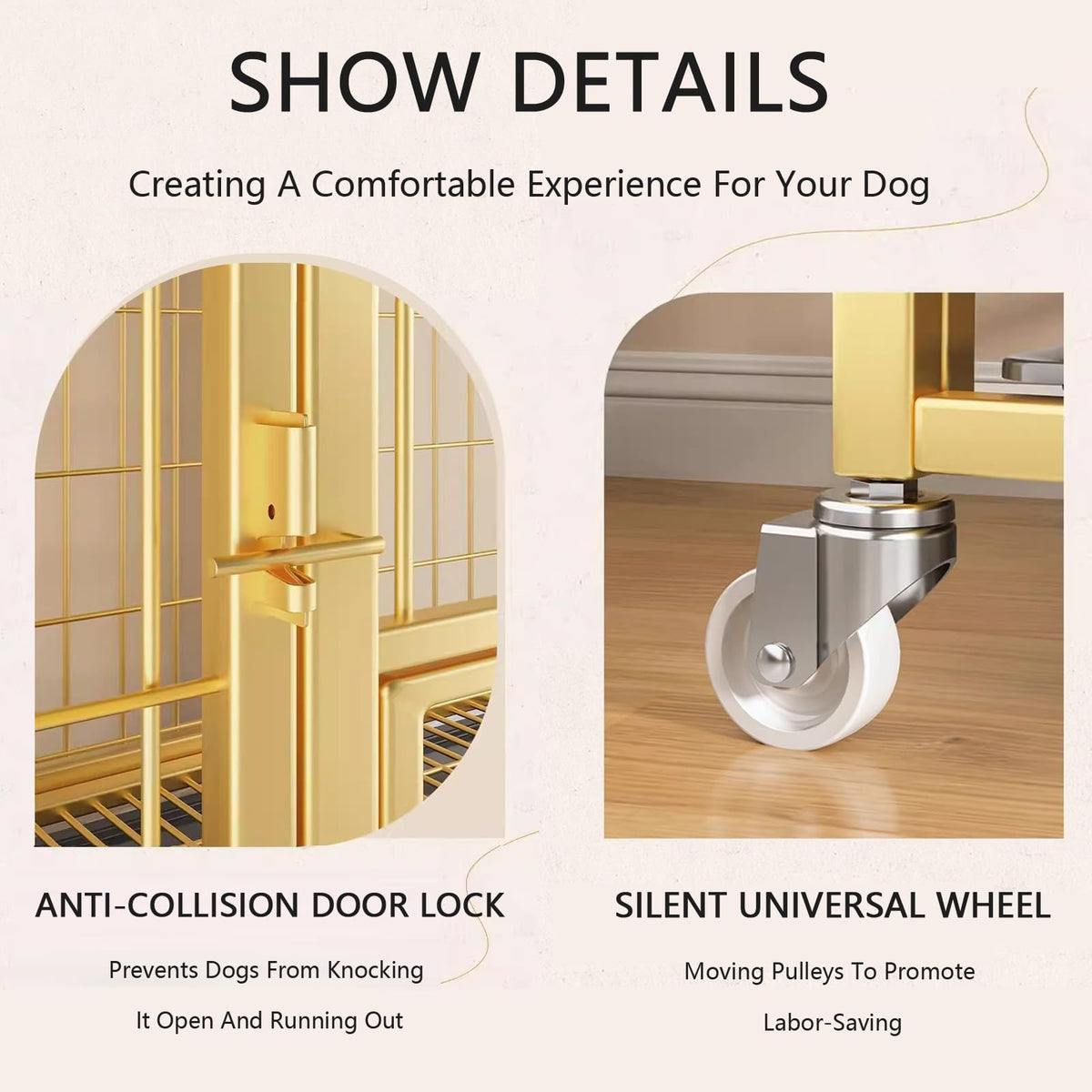 Heavy Du Gold Dog Crate with Removable Tray & Lockable Wheels - Indoor Kennel for Small/Mum/Lar Dogs - Double Door Ca (37.4 x 25.6 x 33.5in)