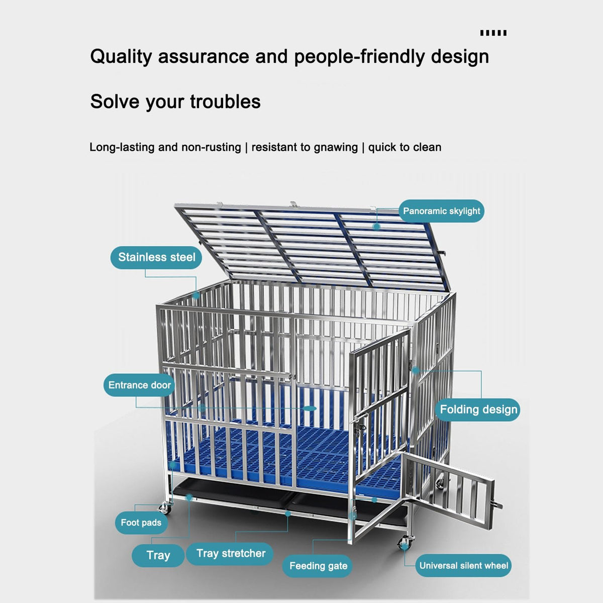 Large Dog Crate Furniture, Dog Kennel Indoor, Heavy-Duty Dog Crate, Foldable with Removable Tray and Swivel Silent Wheels Warm as Ever(One Color 94x65x81cm)