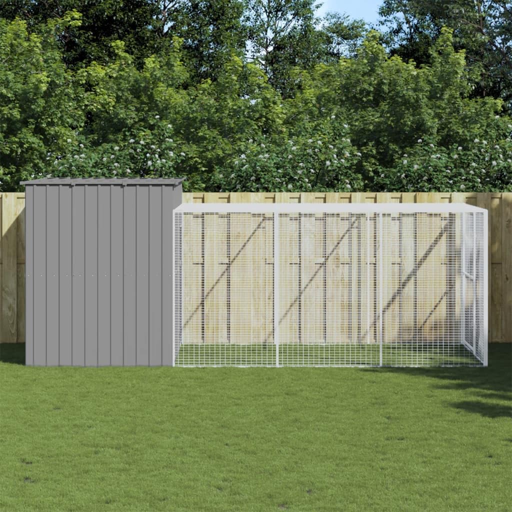 Light Grey Galvanized Steel Dog House with Extended Run 84.3 x 180.1 x 71.3 in Large Outdoor Shelter Weatherproof Durable Structure Mesh Design for Airflow Easy Care