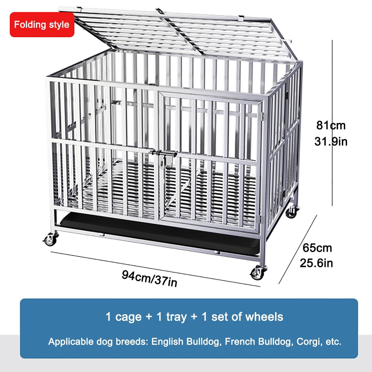 Large Dog Crate Furniture, Dog Kennel Indoor, Heavy-Duty Dog Crate, Foldable with Removable Tray and Swivel Silent Wheels Warm as Ever(One Color 94x65x81cm)