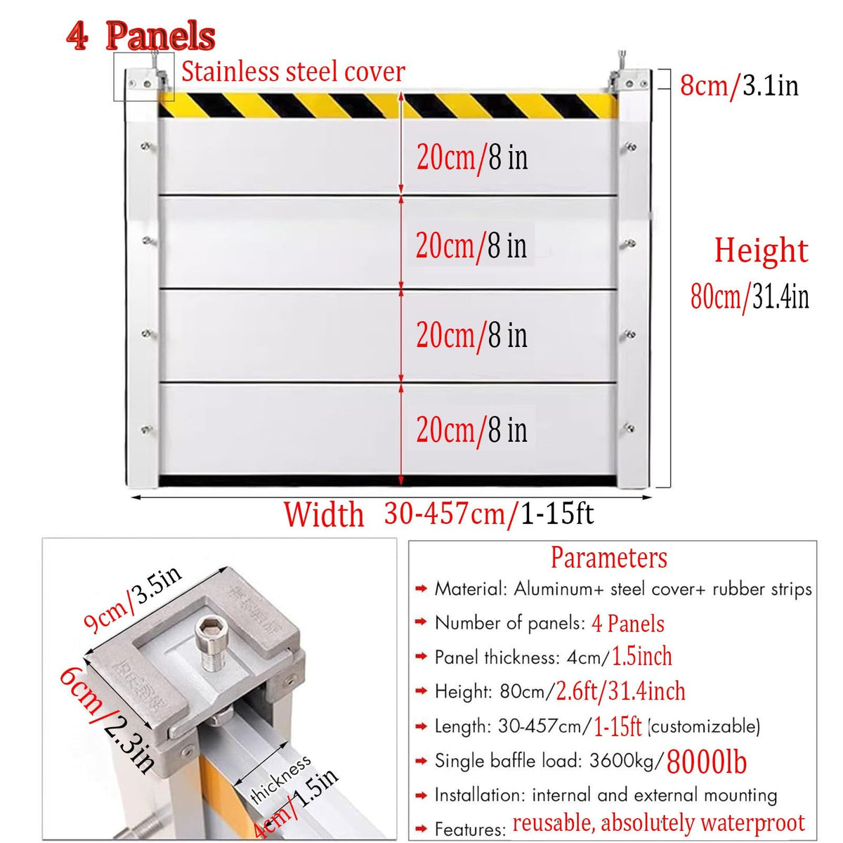 Reusable Metal Aluminum Flood Barriers/Gates for Home Doors, 2ft - 15.7ft Long Flood Prevention Barrier Water Stopper Shield,for Outside/Indoor/Garage Door/Basement/ (Color : L 380cm(12.5ft