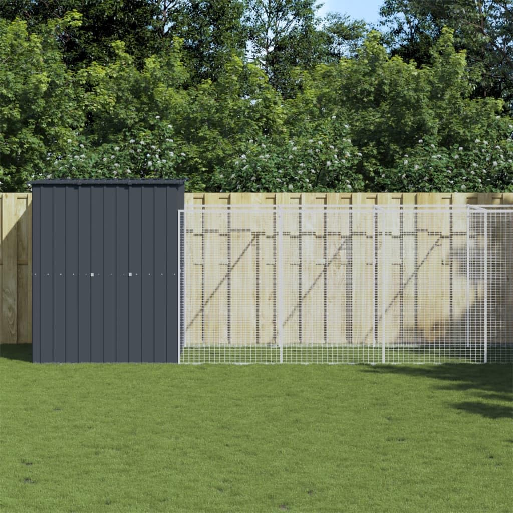 Large Durable Galvanized Steel Dog House with Extended Run, Anthracite Weatherproof Outdoor Pet Shelter for Medium Breeds, Secure Lockable Design with Mesh Airflow