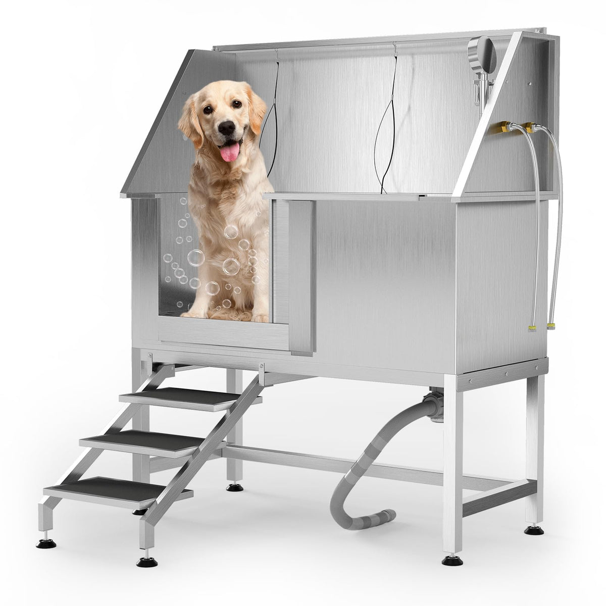 50" Stainless Steel Dog Wash Tub with Right-Side Ramps & Floor Grate,Professional Pet Grooming Station for Large, Medium, Small Dogs