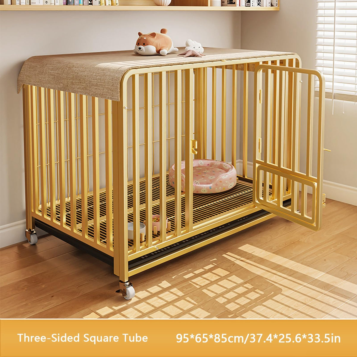 Heavy Du Gold Dog Crate with Removable Tray & Lockable Wheels - Indoor Kennel for Small/Mum/Lar Dogs - Double Door Ca (37.4 x 25.6 x 33.5in)