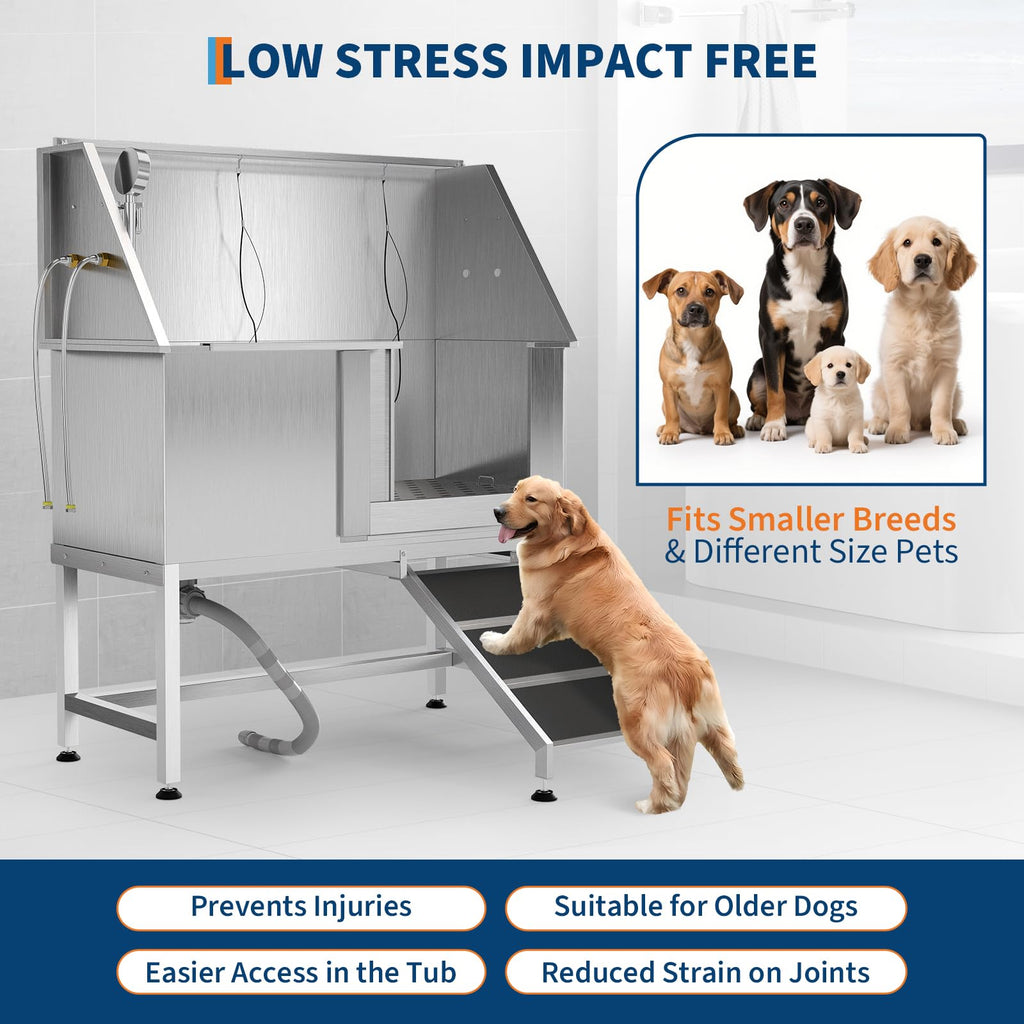 50" Stainless Steel Dog Wash Tub with Right-Side Ramps & Floor Grate,Professional Pet Grooming Station for Large, Medium, Small Dogs