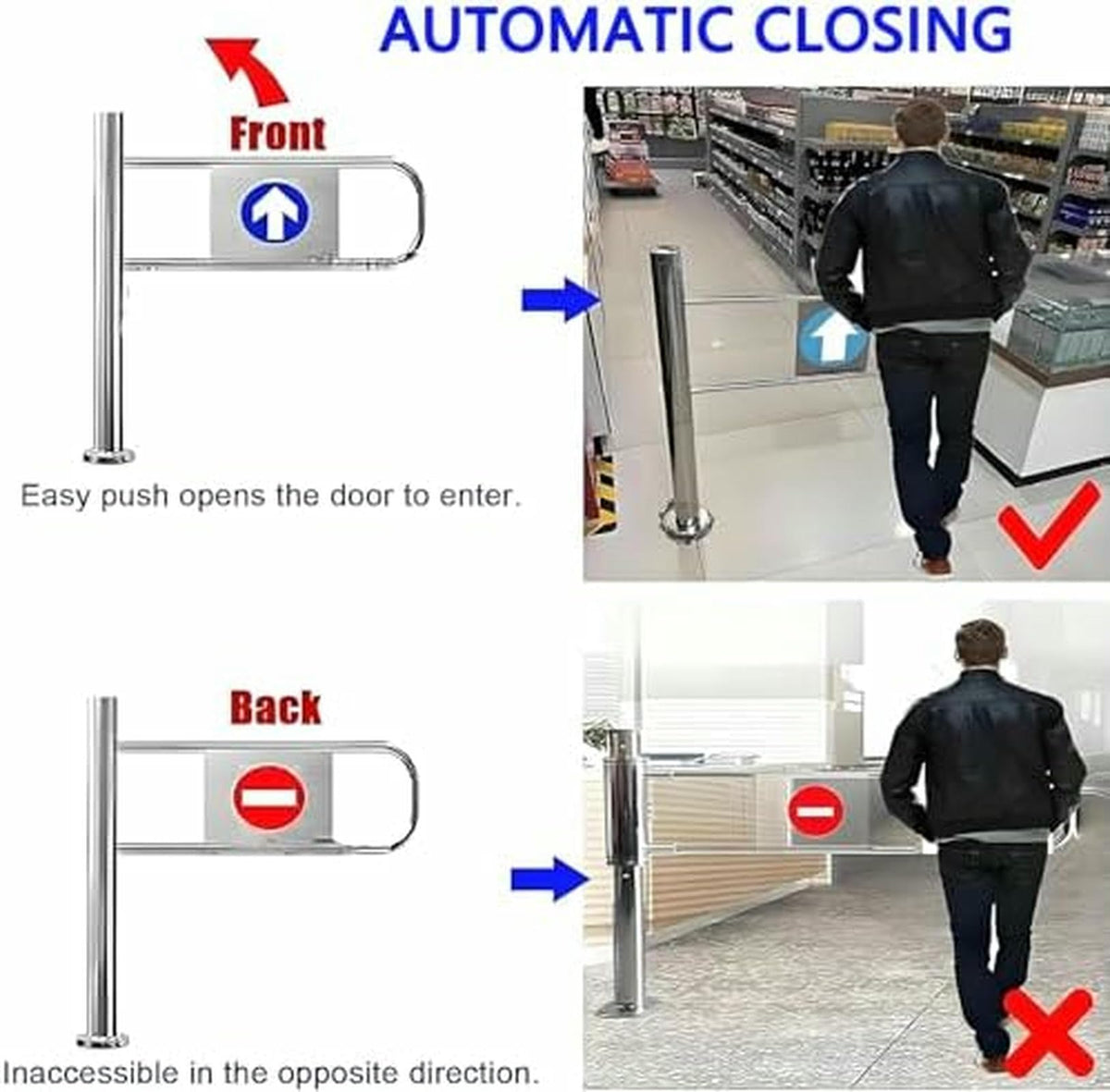 Spring-Loaded Stainless Steel Safety Swing Gate - Automatic Closing One-Way Door for Supermarkets, Libraries, and Scenic Entrances