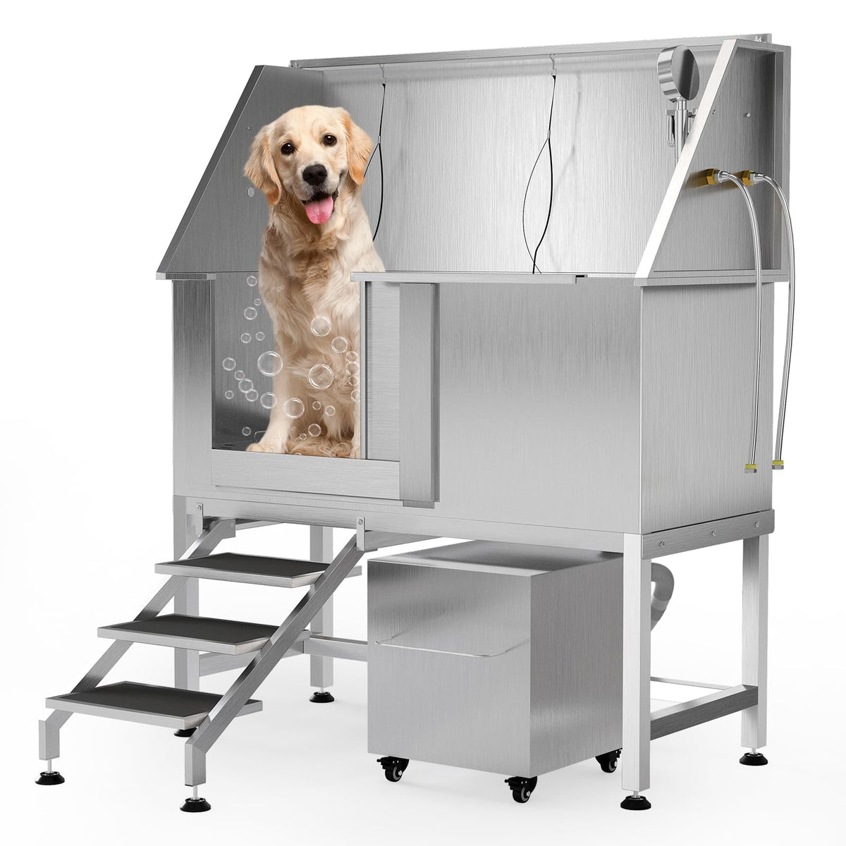 50" Stainless Steel Dog Wash Tub with Right-Side Ramps & Floor Grate,Professional Pet Grooming Station for Large, Medium, Small Dogs