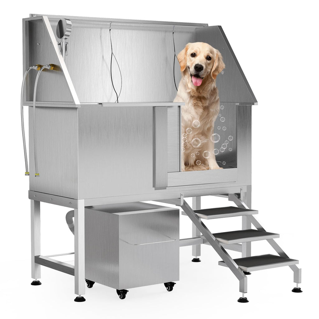 50" Stainless Steel Dog Wash Tub with Right-Side Ramps & Floor Grate,Professional Pet Grooming Station for Large, Medium, Small Dogs