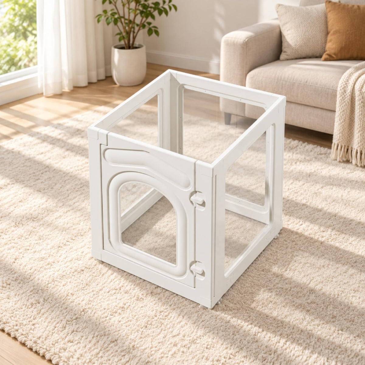 Indoor Kennel Freestanding Pet with Clear Panels Clear Acrylic Dog Playpen, White