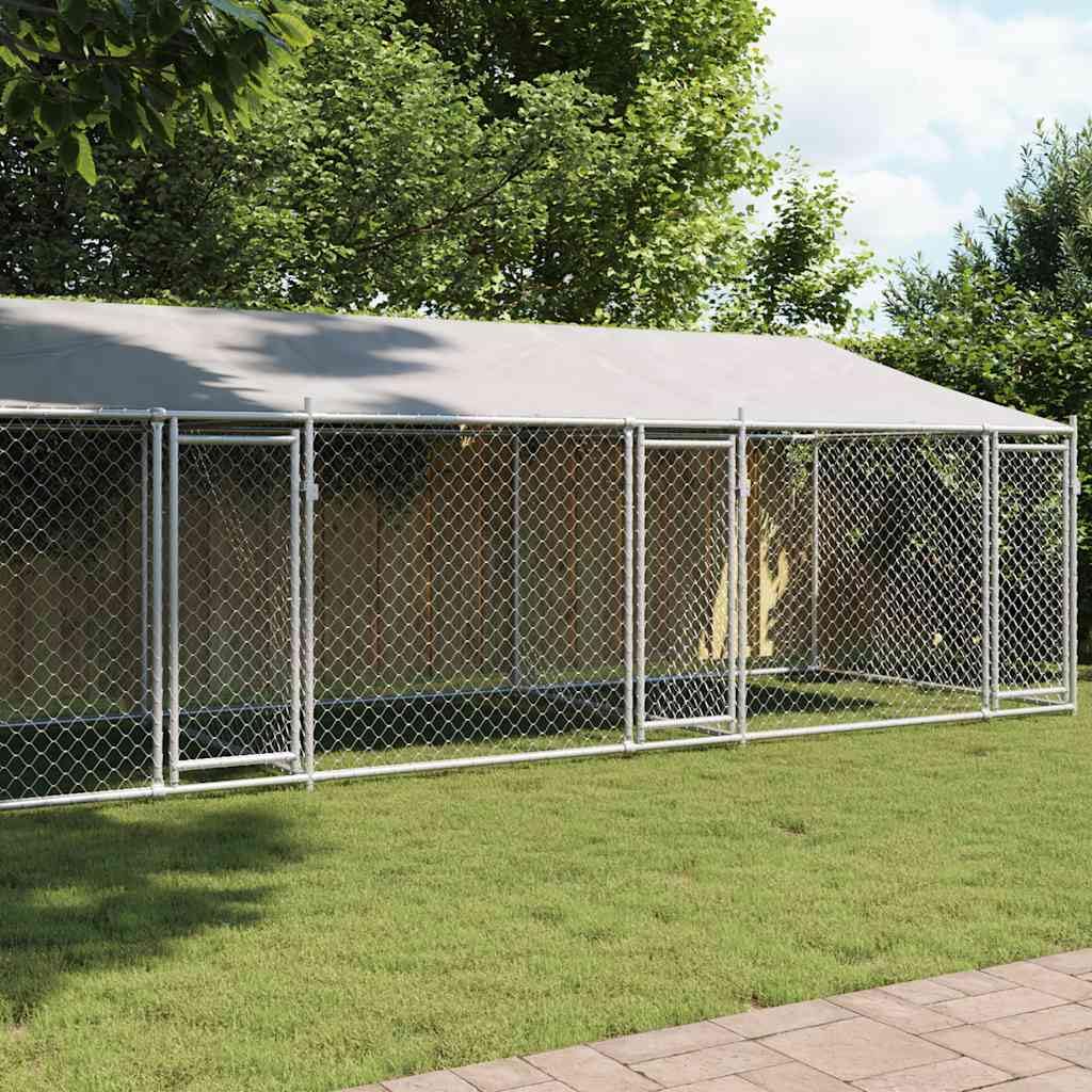 Grey Galvanized Steel Dog Cage 32.8x6.6x6.6 ft Durable Outdoor Enclosure with Roof and Lockable Doors for Secure Pet Play Area Weatherproof and Easy Maintenance