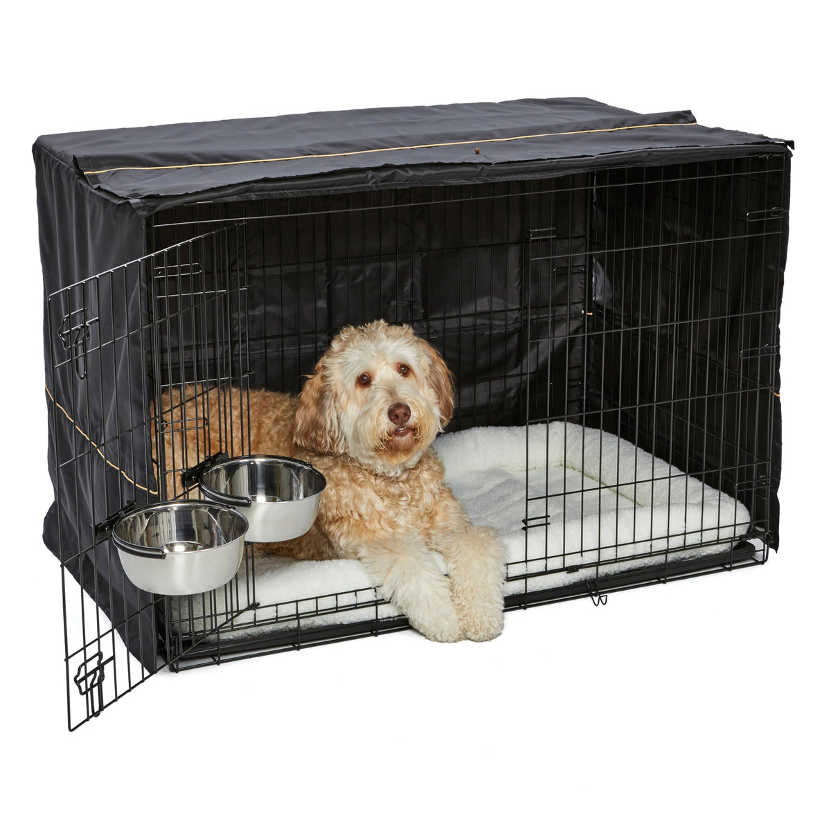 MidWest Homes for Pets Double Door iCrate Starter Kit, 42-inch Dog Crate Bundle for Large Dogs, Includes Cage, Pet Bed, 2 Bowls and Privacy Cover