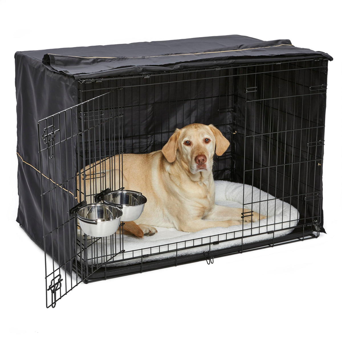 MidWest Homes for Pets Double Door iCrate Starter Kit, 42-inch Dog Crate Bundle for Large Dogs, Includes Cage, Pet Bed, 2 Bowls and Privacy Cover