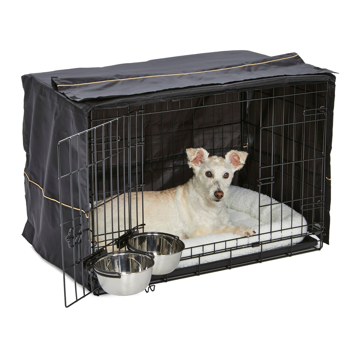 MidWest Homes for Pets Double Door iCrate Starter Kit, 42-inch Dog Crate Bundle for Large Dogs, Includes Cage, Pet Bed, 2 Bowls and Privacy Cover