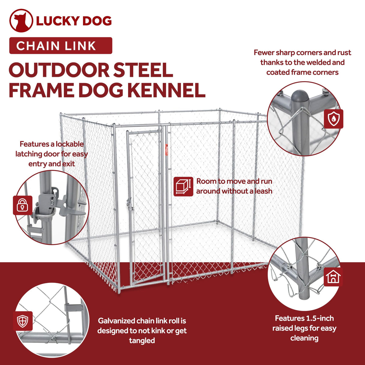 Lucky Dog 2-in-1 Galvanized Chain Link Dog Kennel, Silver, 6 Ft, 3-Pack