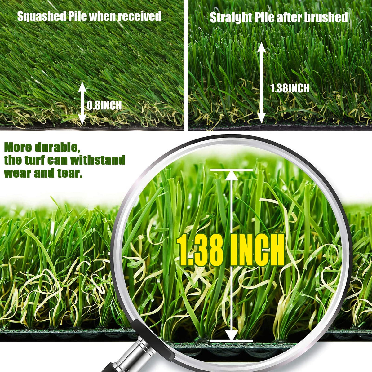 Artificial Grass Synthetic Thick Fake Grass Rug 8 FT x 47 FT, FREADEM Dog Artificial Turf Grass Mat with Drainage, for Outdoor Lawn, Garden, Patio, Landscape, Balcony, Pet Mat, 1.38" Pile Height