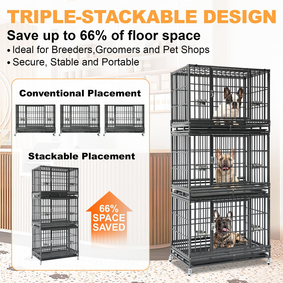 Homey Pet 3 Pack Three Tier 37" Heavy Duty Stackable Dog Crate with Wheels