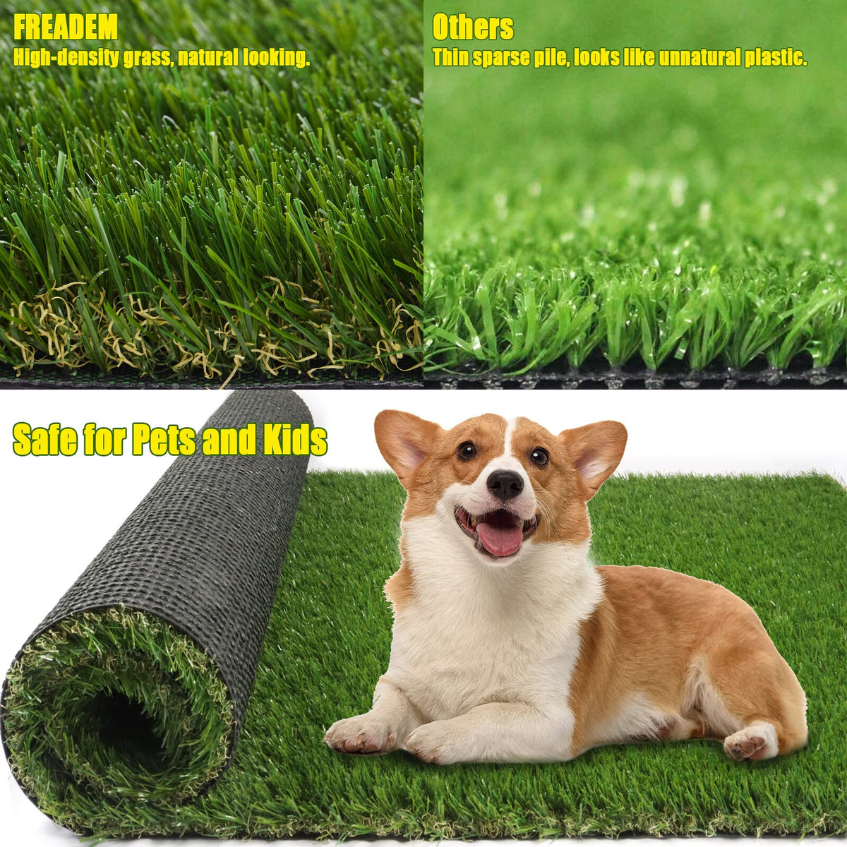 Artificial Grass Synthetic Thick Fake Grass Rug 8 FT x 47 FT, FREADEM Dog Artificial Turf Grass Mat with Drainage, for Outdoor Lawn, Garden, Patio, Landscape, Balcony, Pet Mat, 1.38" Pile Height