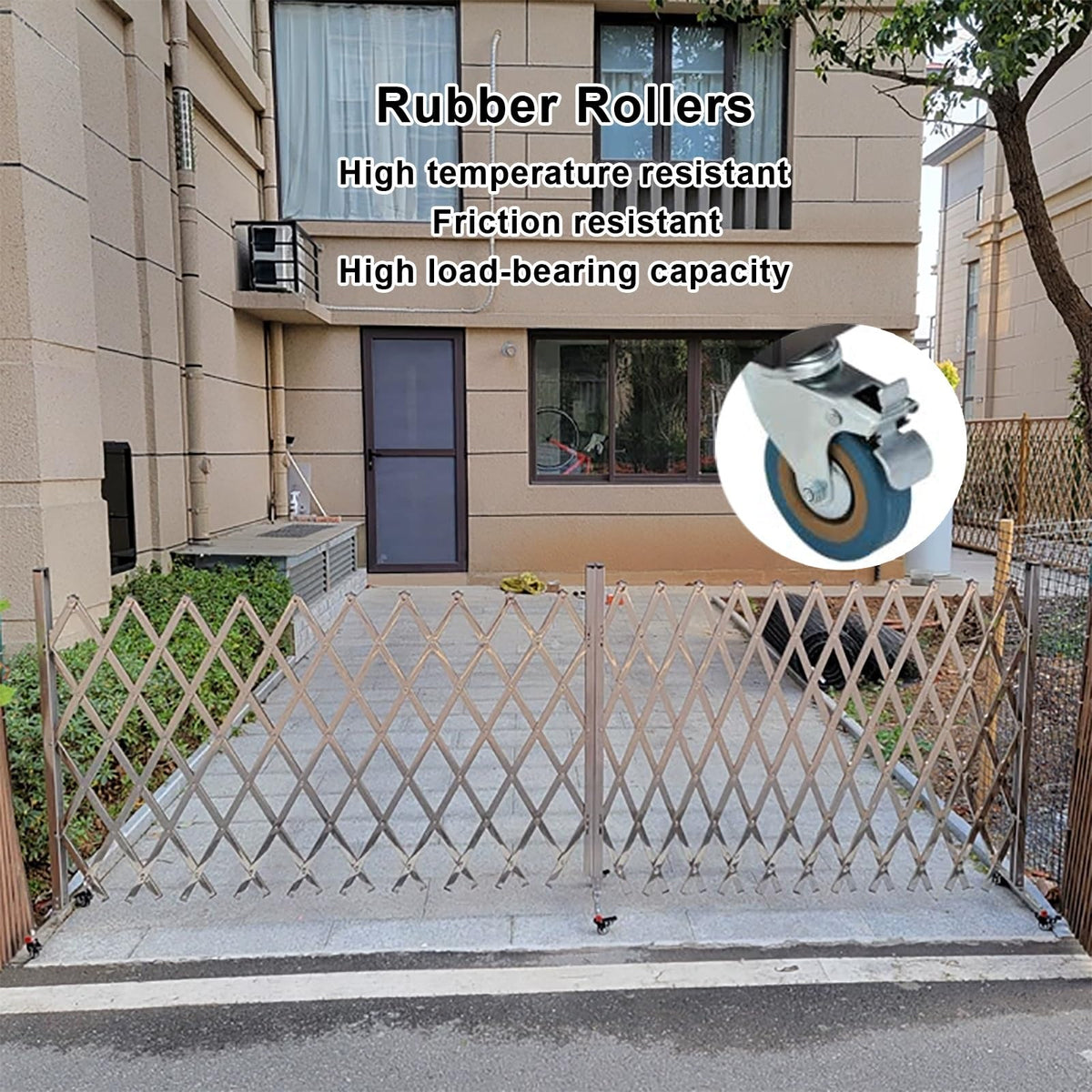 Expandable Stainless Steel Mobile Security Gate on Wheels - 350x120cm Flexible Folding Barrier for Garage, Airport, Road - Industrial Safety Solution
