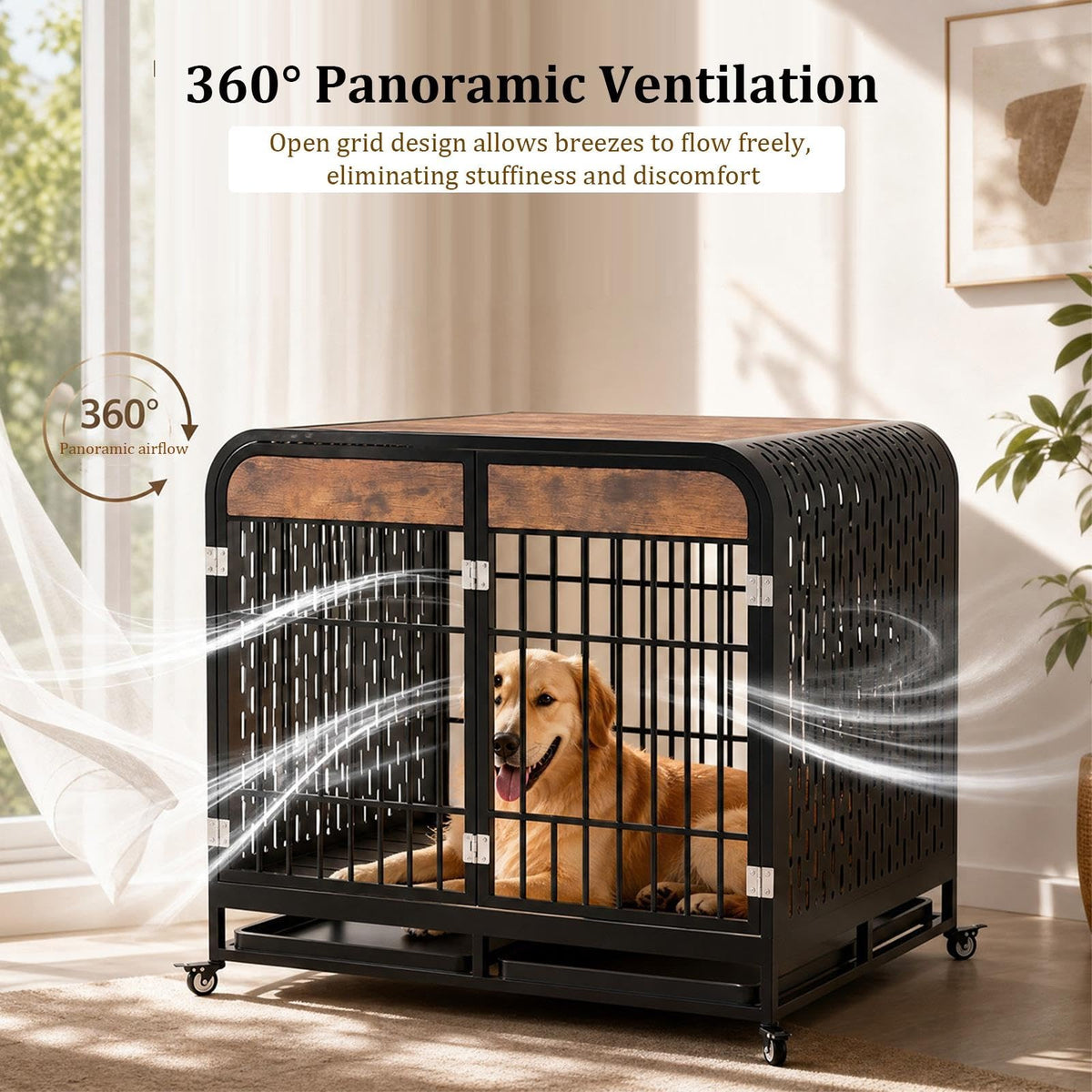 Heavy Duty Dog Crate Furniture for Large and Medium Dogs, Brown Wooden Indoor Dog Kennel with Wheels & Double-Doors, Decorative Dog Kennel End Table