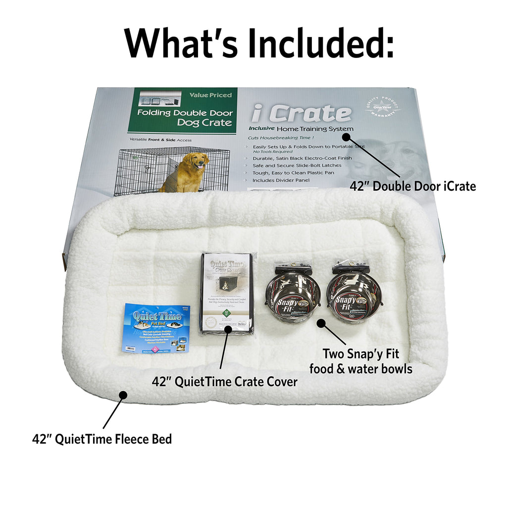 MidWest Homes for Pets Double Door iCrate Starter Kit, 42-inch Dog Crate Bundle for Large Dogs, Includes Cage, Pet Bed, 2 Bowls and Privacy Cover
